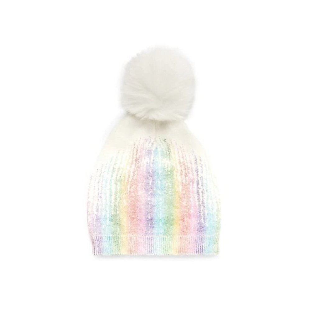 ADRIENNE LANDAU Metallic Beanie Rainbow Hat White Size OS